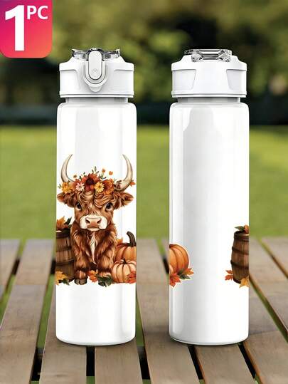 1pc 750ml/25oz Plastic Sports Water Bottle - Autumn Highland Cow Pattern Series, Leak-Proof With Pop-Up Lid, Lightweight, Anti-Drop, 750ml Large Capacity, Reusable, Suitable For School, Office, Gym And Outdoor Sports, Yoga, Running, Gift For Her, Halloween, Christmas, Valentine's Day, Thanksgiving, Birthday