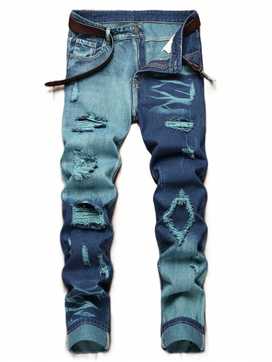 Men's Ripped Jeans Regular Fit Distressed Straight Leg Stacked Biker Fashion Comfort Denim Pants - Màu xanh bạc hà - Xem 1