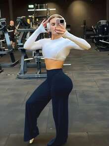Pantalones de pierna ancha de cintura alta, suaves, favorecedores, no transparentes, para yoga y uso casual en verano - Azul marino - Ver 7