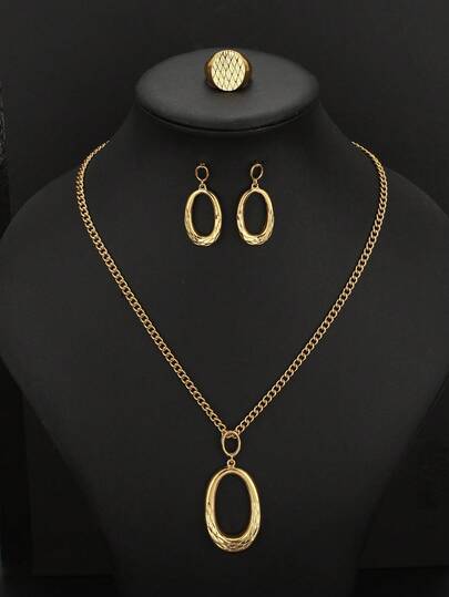 1 Set/4 piezas Pendientes de aro gruesos de acero inoxidable de alta calidad con estilo vintage, collar de geometría simple de lujo, conjunto de joyas elegante