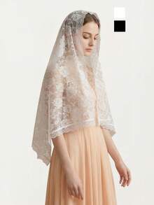 1pc Women's Vintage Rose Lace Hollow Out Shawl, Versatile Fashion Semi-Circle Lace Edge Shawl, Women's Single Party Church Bridal Veil Headpiece - Multicolor - View 9