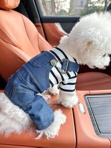 PETSIN 1pc Pet Clothes, Dog/Outfit, Stylish & Cute Apparel Small Dogs, Comfortable Striped Classic 4-Leg Pants Design Small Breed - Màu xanh lam - Xem 2