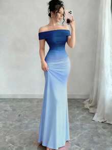 Women's Stylish Ombré Bodycon Off-The-Shoulder Sheath Dress - Màu xanh lam - Xem 4