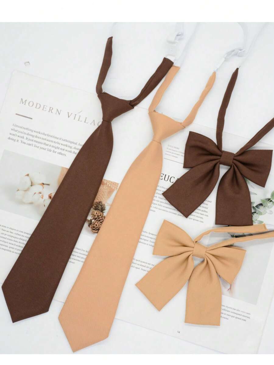 2pcs/Set Women's Fashion Solid Color Black/Brown/Red/Green/Navy Blue JK School Style Tie Set, Suitable For Daily School Shirt Matching - Multicolor - View 1