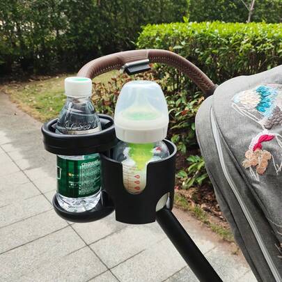 二合一杯架，360度旋转婴儿推车杯架 - 适用于自行车、推车、轮椅、学步车，单杯变双杯