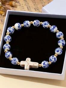 Pulsera con cruz, pulseras con cruz de Jesús para mujeres, pulseras con cuentas con estampado de flores de porcelana azul y blanca, accesorios católicos cristianos para el Día de la Ascensión - Azul - Ver 7