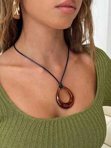 1件新款奢华仿和田玉招财袋吊坠项链，优雅简约百搭饰品 - 黑色+棕色 - 查看 2