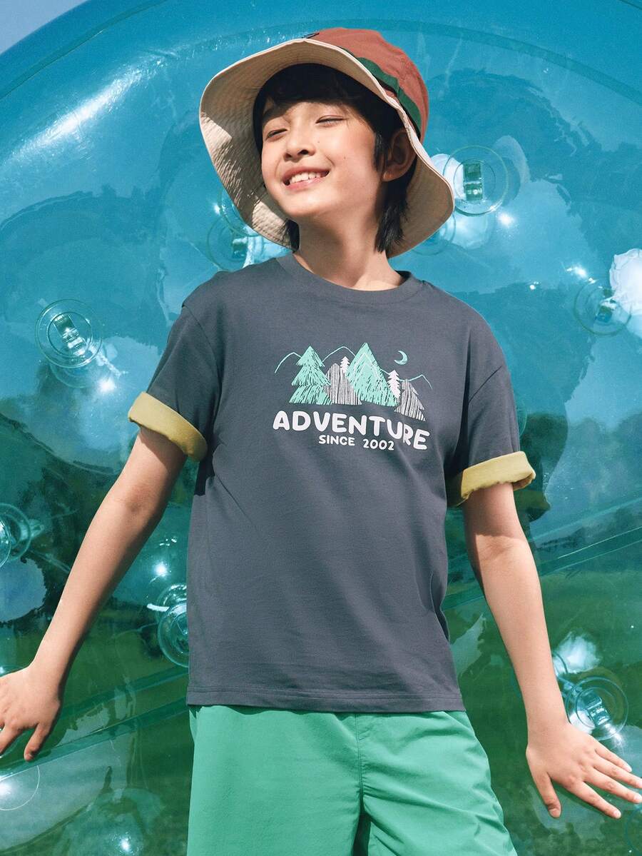 Balabala 幼儿儿童夏季短袖T恤，男女童纯棉印花上衣，舒适新款休闲服 - 鐵灰 - 查看 1