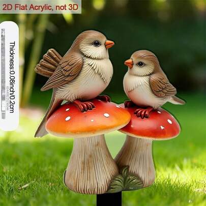 2D平面 - [2D平面] 2D平面，1件装2D亚克力花园标牌，边缘锋利，图案为蘑菇上的两只小鸟，适用于户外庭院装饰，可作为盆栽植物礼品，乡村花园装饰，户外使用