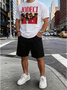 Conjunto para hombre estilo streetwear retro hip hop con estampado gráfico y letras algodón cómodo ajuste holgado cuello redondo manga corta primavera verano uso casual set de playera y shorts - Blanco 2 - Ver 2