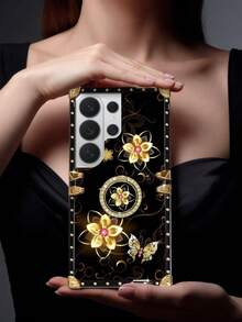 1pc Gold Flower & Butterfly Flat Pattern Rectangle Shockproof Phone Case, Compatible With Samsung Galaxy S26 Ultra/S26/S26 Plus/S25FE/S25Ultra/S25+/S25/S24 Plus/S24/S24U/S23 Ultra/S22ULTRA/A56 5G/A36/A17/A16 And Apple 17proamx/17/16 Promax/16/15PRO Max/15/14 Plus/15plus/14 Pro Max/13promax Models. [International Version, Not Domestic] - Black and Gold + Ring Holder - View 4