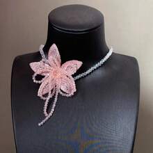 Pink Floral Crystal Tassel Necklace Earrings Set Sweet Fairy Pure Desire Style Atmosphere Clavicle Chain - 粉紅色花朵串珠項鍊 - 查看 6