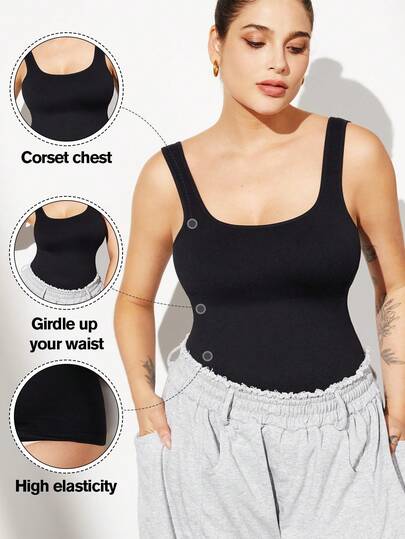 1pc Women Plus Size Seamless Slimming Tank Top, Black, Shapewear Camisole, Summer Going Out Tops