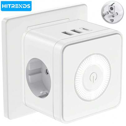  HITRENDS 5-In-1 German Standard Multifunctional Magic Socket, With 2 USB A Ports + 1 Type-C Fast Charging Port, 3 Adjustable Night Lights, 3680W High Power, Multi-Protection, White/Black - Essential Power Strip For Home, Bedroom And Travel