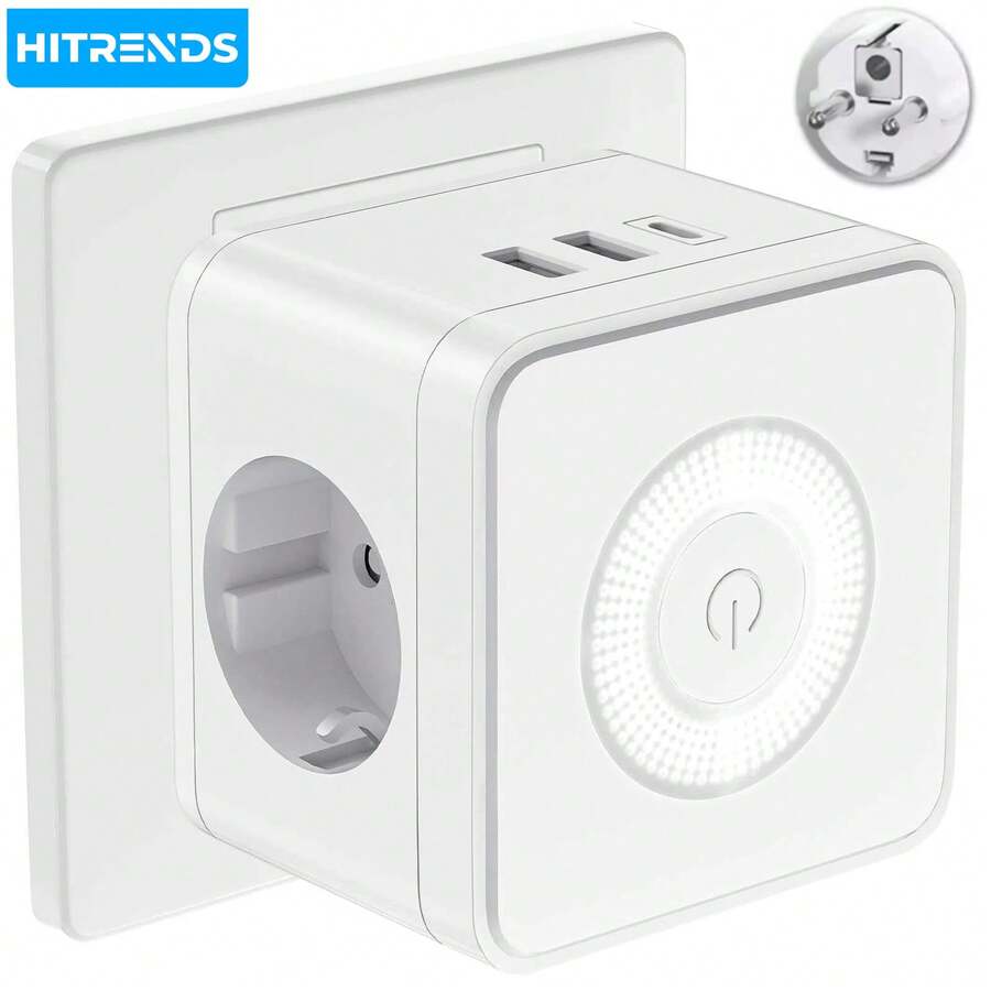 HITRENDS 5-In-1 German Standard Multi-Functional Magic Plug Socket With 2 USB A + 1 Type C Fast Charging Ports, Three Adjustable Night Lights, 3680W High Power, Multiple Protection, Essential Extension Power Socket For Home, Bedroom And Travel - View 1
