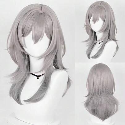 Tóc giả dài vừa phải, màu xám ombre, chất liệu tổng hợp, thẳng, có mái, kiểu anime, game, cosplay, tóc giả bồng bềnh, chịu nhiệt, thích hợp cho sử dụng hàng ngày và dự tiệc.