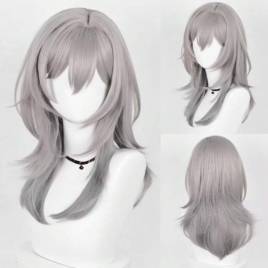 Tóc giả dài vừa phải, màu xám ombre, chất liệu tổng hợp, thẳng, có mái, kiểu anime, game, cosplay, tóc giả bồng bềnh, chịu nhiệt, thích hợp cho sử dụng hàng ngày và dự tiệc. - Xám - Xem 1
