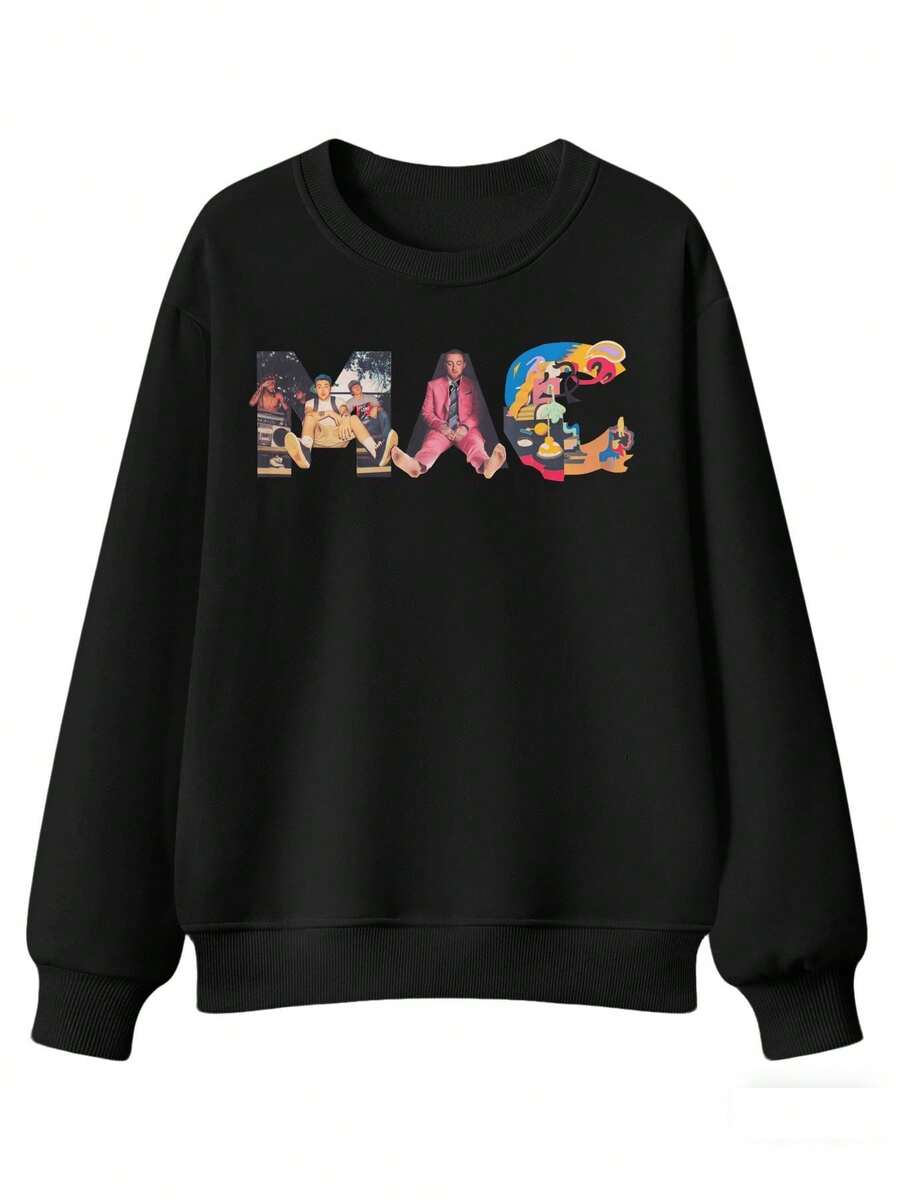 Women's Casual Black Long Sleeve Round Neck Sweatshirt With Graphic Print For Fall Streetwear Style - 黑色圓領衛衣 - 查看 1
