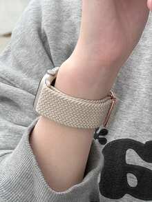 Braided Elastic Single Loop Watch Band Compatible With Apple Watch Ultra 49mm, 45mm, 44mm, 46mm, 42mm, 41mm, 40mm, 38mm, Unisex, Soft Nylon Elastic Woven Material, Suitable For Ultra 2, 3 And Series 11/10/9/8/7/6/5/4/3/2/1 SE, Great Gift For Students Back To School - Beige - View 3