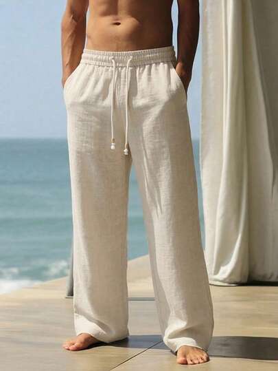 1 pieza Pantalones rectos con sensación de lino color albaricoque para hombres, con cordón y cintura elástica, transpirables y suaves, pantalones de playa casuales, estilo casual de vacaciones, adecuados para pantalones casuales de verano y playa