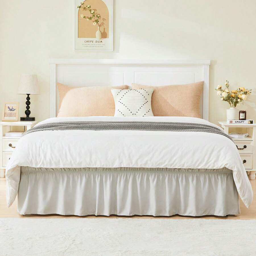 VOLTITO 1pc Elastic Bed Ruffle - Easy Wrap Around Ruffle - Microfiber Bed Skirt With Adjustable Elastic Belt 15 Inch Tailored Drop - Hotel Quality Bedskirt, Fade Resistant (T/F/Q/K) - Bạc - Xem 1
