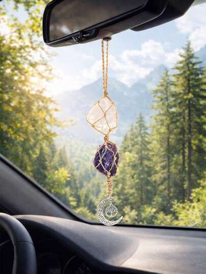 1件水晶石吊坠，波西米亚风编织壁挂装饰，月亮与生命之树摆件，美观的房间装饰，充满灵性的家居点缀，手工编织墙饰，北欧乡村风格，适用于客厅、卧室、窗边、阳台、冥想空间、瑜伽室、公寓、宿舍、节日、派对、婚礼、礼物、波西米亚家居装饰、视觉焦点、极简波西米亚风格