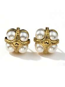 1 Pair Retro Elegant Four-Leaf Flower Pearl Gold Stainless Steel Earrings, Suitable For Women's Daily Wear, Gift For Lover, Family, Friend, Anniversary, Birthday, Party, Luxurious Earrings - Gold - View 9