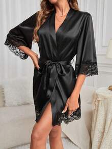 1pc Lace Trim Loose Satin Robe, Bridesmaid Gift & Wedding Party Sleepwear, Lace Trim Kimono Style Long Robe With Tie Belt, Summer Casual Loungewear, Back To School Pajamas, Soft Bathrobe & Homewear - Black - View 8