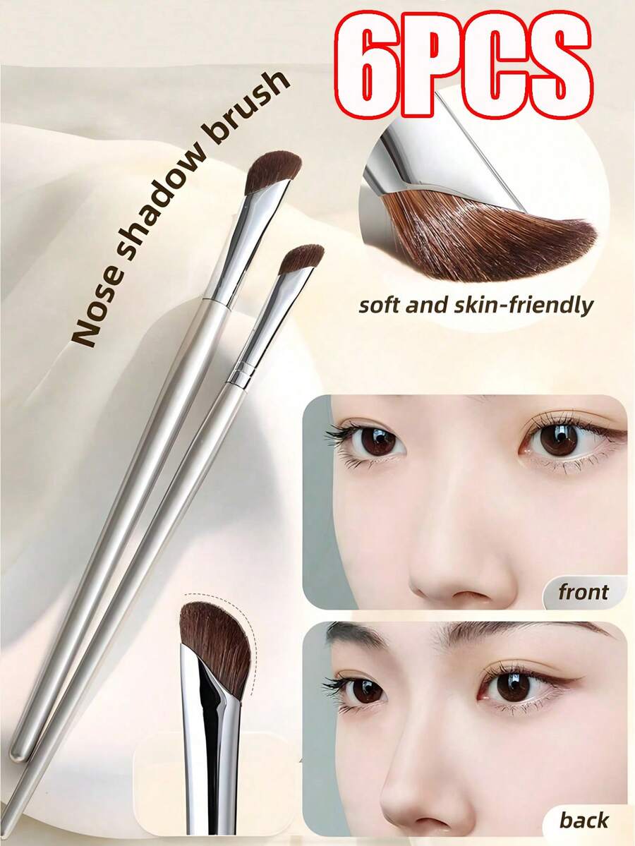 6支/2支/1支装鼻影刷、高光刷、眼线刷、晕染刷、轮廓刷、斜角眼影刷化妆刷套装，包含高光刷、斜角鼻影刷、侧边轮廓刷、轮廓刷、粉底刷、遮瑕刷、腮红刷、修容刷、散粉刷、粉底刷、腮红刷，赠品 - 銀色 - 查看 1