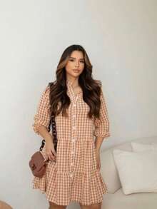 Women's DUNA Plaid Midi Dress With Shirt Collar And Bishop Sleeves, Casual, With Buttons, Asymmetrical Hem, Summer And Beach. - 焦糖格子 - 查看 1