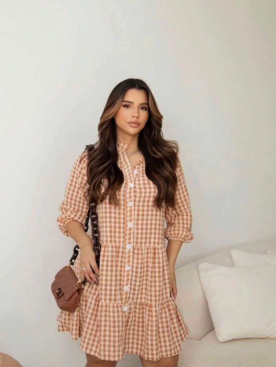 Women's DUNA Plaid Midi Dress With Shirt Collar And Bishop Sleeves, Casual, With Buttons, Asymmetrical Hem, Summer And Beach. - 焦糖格子 - 查看 1