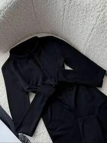 Women's Stand Collar Zipper One-Piece Sportswear, Spring - Black - View 11