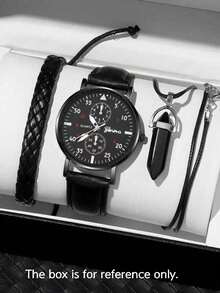 3PCS Men's Fashion Black PU Leather Strap Simple Business Style Quartz Watch +Stylish Bracelet, Necklace Set, Daily Wear Decoration, Holiday Gift - Black - View 1