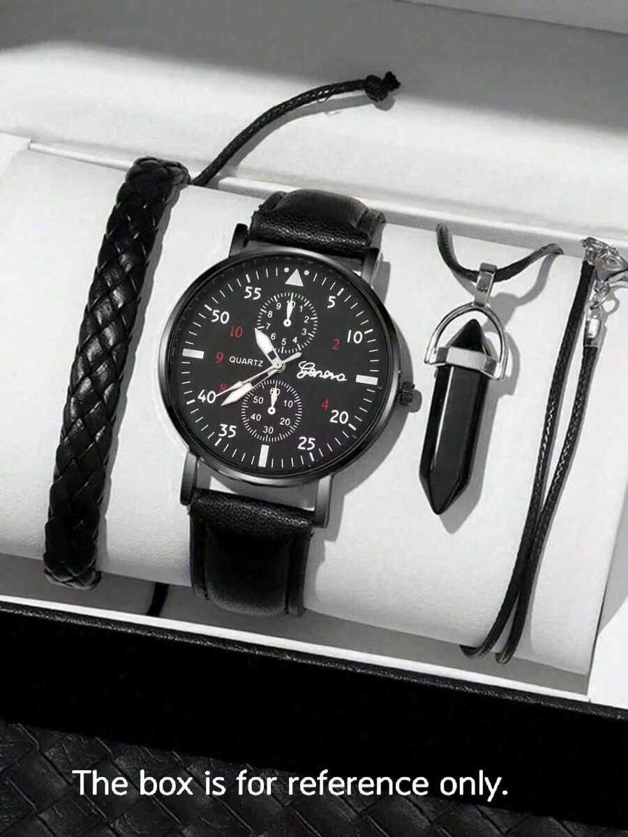 3PCS Men's Fashion Black PU Leather Strap Simple Business Style Quartz Watch +Stylish Bracelet, Necklace Set, Daily Wear Decoration, Holiday Gift - Black - View 1