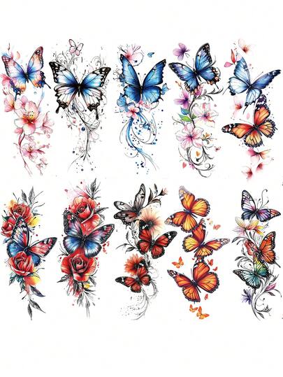 10张大号人体彩绘临时纹身贴纸，锁骨纹身、胸下纹身、性感腰腹部玫瑰花纹身，适合女性，彩色玫瑰花链印花防水假纹身，时尚一次性纹身，可持续2-5天，遮盖疤痕，可用于手臂、手腕、肩膀、腿部、腰部、颈部、手部、胸部、大腿、手指等部位。