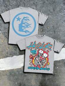 Hellstars Kissing Skeletons Shout Out To The Underground Vintage T-Shirt Double Sided Printed (220g 100% Cotton T-Shirt),Summer Clothes, Men's Tops, Casual And Comfortable, Fashionable Graphic Tee, Unisex Style - Grey - View 1