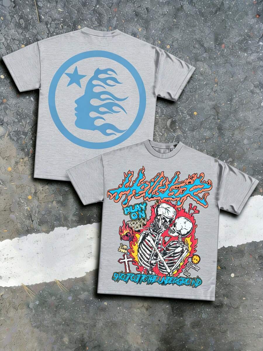 Hellstars Kissing Skeletons Shout Out To The Underground Vintage T-Shirt Double Sided Printed (220g 100% Cotton T-Shirt),Summer Clothes, Men's Tops, Casual And Comfortable, Fashionable Graphic Tee, Unisex Style - Grey - View 1