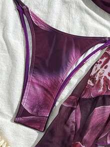 3pcs Women's Floral Print Elegant Sexy Backless 3D Flower Beach Dress Bikini Set, Spring/Summer Vacation - 紫色 - 查看 5