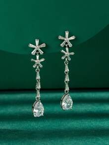 长款锆石水滴耳环，女士优雅奢华流苏铜耳环 - 銀色 - 查看 4