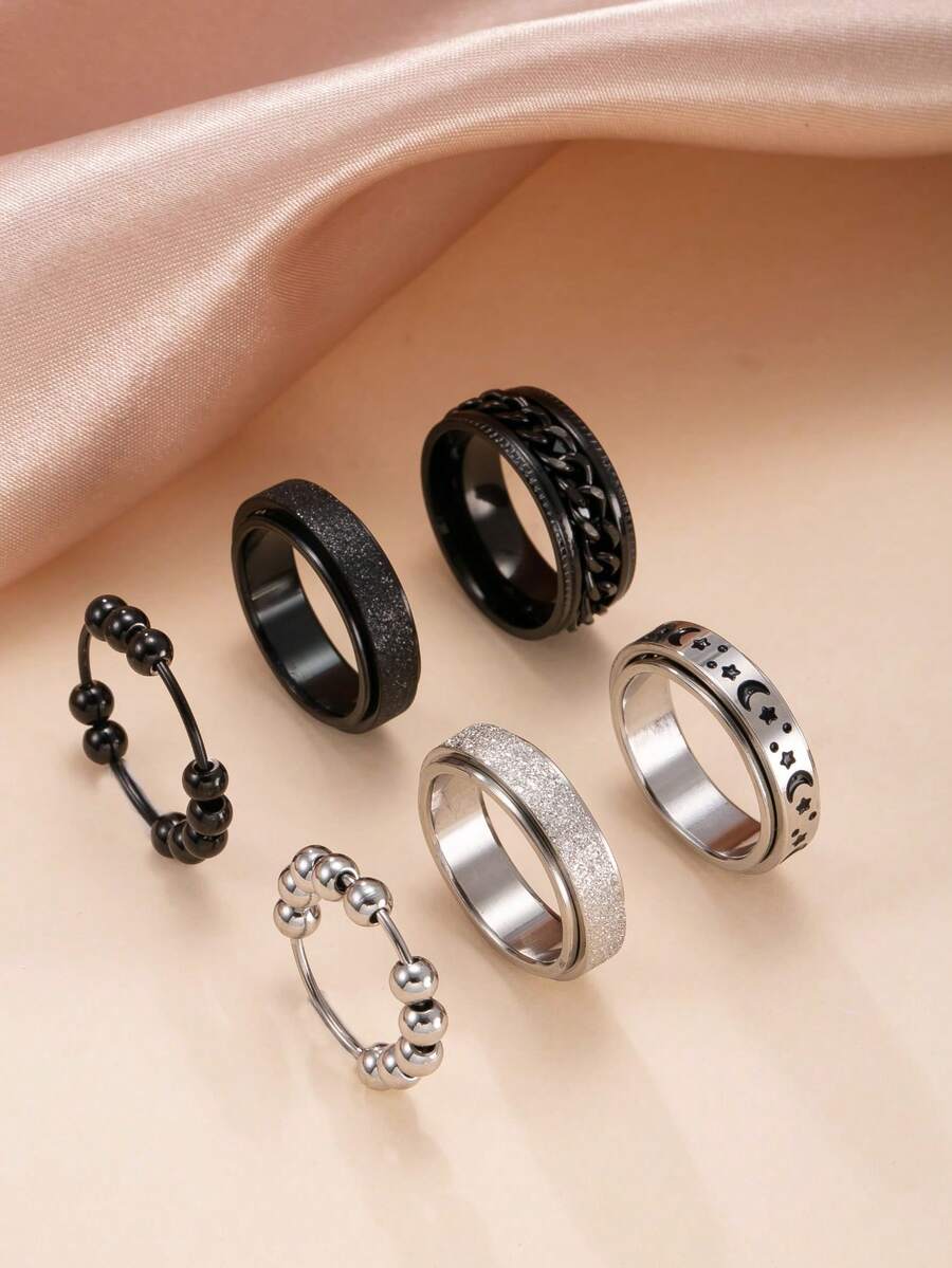 Bộ 3/6 chiếc nhẫn giảm căng thẳng cá nhân hóa, bao gồm dây chuyền hình ngôi sao và mặt trăng, thiết kế hạt mờ, phong cách tối giản phù hợp cho cả nam và nữ, quà tặng lý tưởng cho hàng ngày, hẹn hò, tiệc tùng, ngày lễ. - Nhiều màu - Xem 1