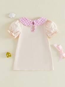 Little Girls Back To School Dress Summer Short Sleeve Plaid Doll Collar Apple Ruler Embroidered Dress - Khaki - View 2