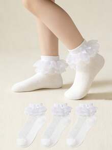3双装女童纯色网眼双层蕾丝袜，适合舞会派对穿着 - 白色 - 查看 1