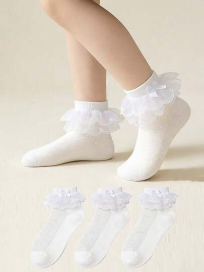 3 Pairs Girls' Solid Color Mesh Socks With Double Lace, Dance Party Socks