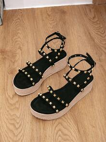 Giày sandal đế xuồng chống thấm nước một quai dành cho nữ, đế dày, gót cao, hở gót, đa năng, thời trang, phong cách bohemian, thích hợp cho kỳ nghỉ. - màu đen - Xem 6