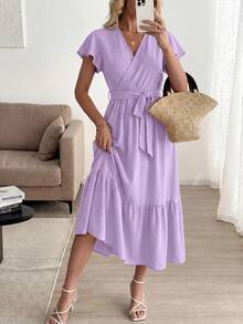 A Summer Bohemian Floor-Length, Short-Sleeved, V-Neck, Flowing Wedding Dress For Guests - 紫色 - 查看 3