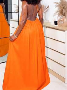 Solid Color Beach Casual Vacation Style Halter Backless Dress - Orange - View 4