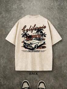 Men's Plus-Size Classic Vintage Car Graphic T-Shirts, California Palm Tree Graphic T-Shirts, West Coast Style T-Shirts, Washed Vintage T-Shirts, Oversized Men's T-Shirts, 230g 100% Cotton, Unisex Tops, Men's Summer Tops. - 杏色 - 查看 1
