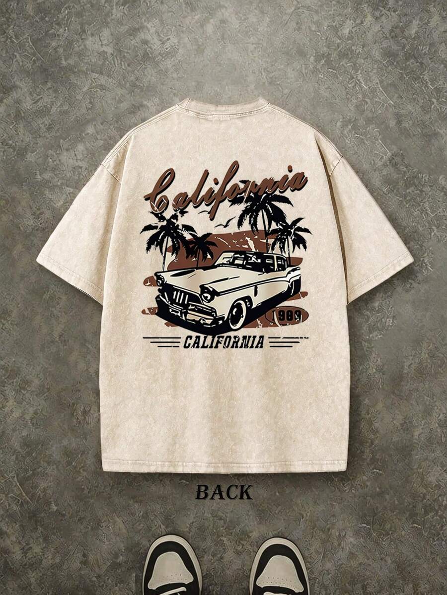 Men's Plus-Size Classic Vintage Car Graphic T-Shirts, California Palm Tree Graphic T-Shirts, West Coast Style T-Shirts, Washed Vintage T-Shirts, Oversized Men's T-Shirts, 230g 100% Cotton, Unisex Tops, Men's Summer Tops. - 杏色 - 查看 1