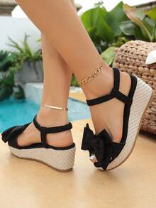 青少年圆头蝴蝶结弹力后带编织厚底坡跟凉鞋，甜美度假风，日常通勤，海滩度假，校园穿搭，朋友聚会，黑色圆头蝴蝶结编织坡跟凉鞋，玫瑰红圆头蝴蝶结编织坡跟凉鞋 - 黑色 - 查看 3