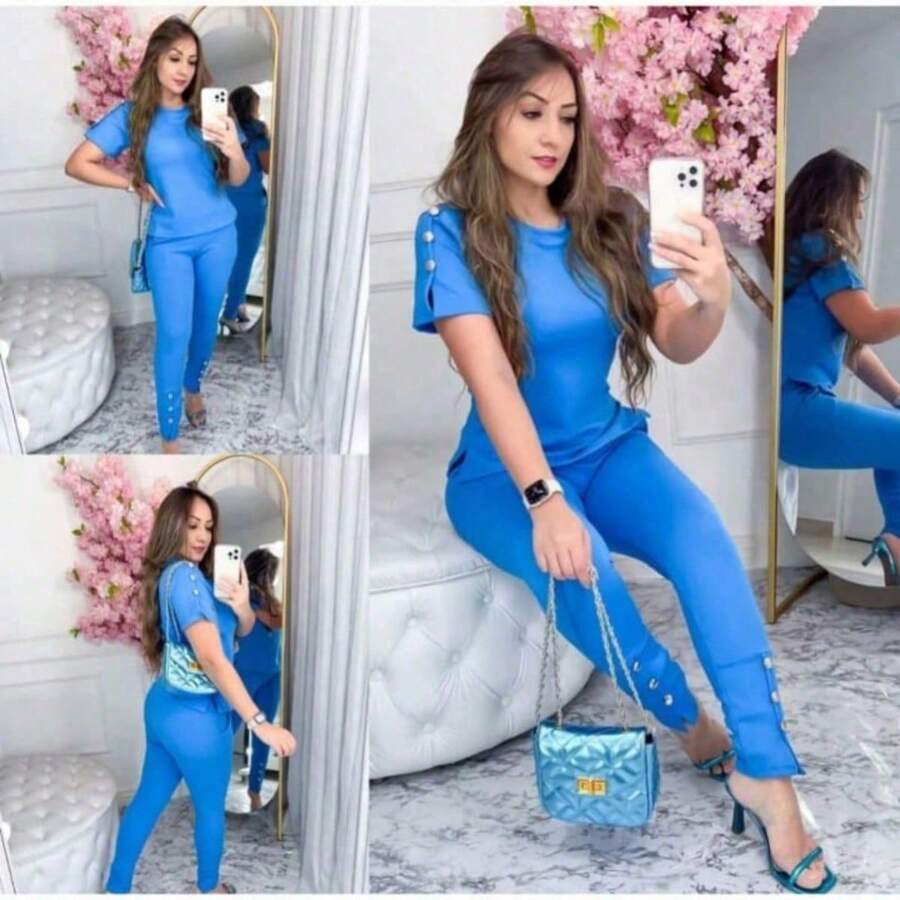 Women's Super Elegant Jacquard Top And Pants Set - 寶藍色 - 查看 1